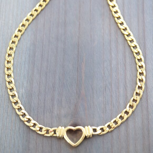 Heart Charm Curve Cuban Chain Necklace/Bracelet 18k Gold Plated Stainless Steel - Picture 3 of 5